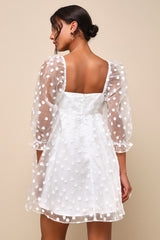 Effervescent Charm White Organza Floral Babydoll Mini Dress