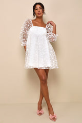 Effervescent Charm White Organza Floral Babydoll Mini Dress