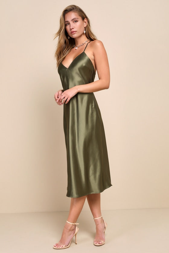 Exquisitely Chic Olive Green Satin Backless Slip Midi Dress