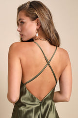 Exquisitely Chic Olive Green Satin Backless Slip Midi Dress