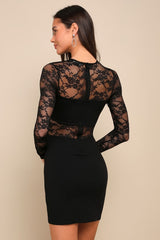 Sultry Mindset Black Sheer Lace Long Sleeve Bodycon Mini Dress