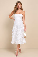 Delightful Romance White Floral 3D Strapless Lace-Up Midi Dress