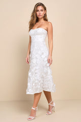 Delightful Romance White Floral 3D Strapless Lace-Up Midi Dress