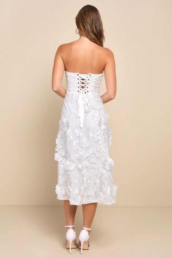 Delightful Romance White Floral 3D Strapless Lace-Up Midi Dress