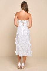 Delightful Romance White Floral 3D Strapless Lace-Up Midi Dress