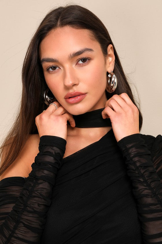 Exclusively Alluring Black Mesh Ruched Cutout Mini Dress