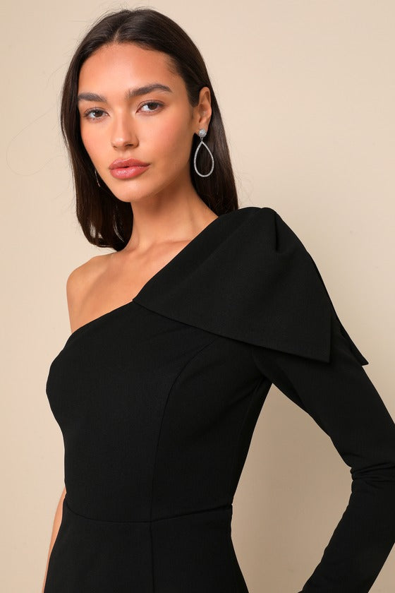Sophisticated Poise Black Bow One-Shoulder Maxi Dress