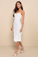 Sultry Romantic White Lace Textured Bustier Bodycon Midi Dress