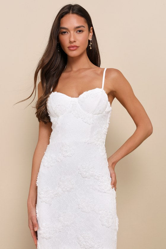 Sultry Romantic White Lace Textured Bustier Bodycon Midi Dress