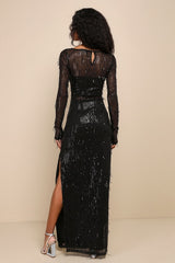 Sheer Fascination Black Sheer Mesh Sequin Fringe Maxi Dress