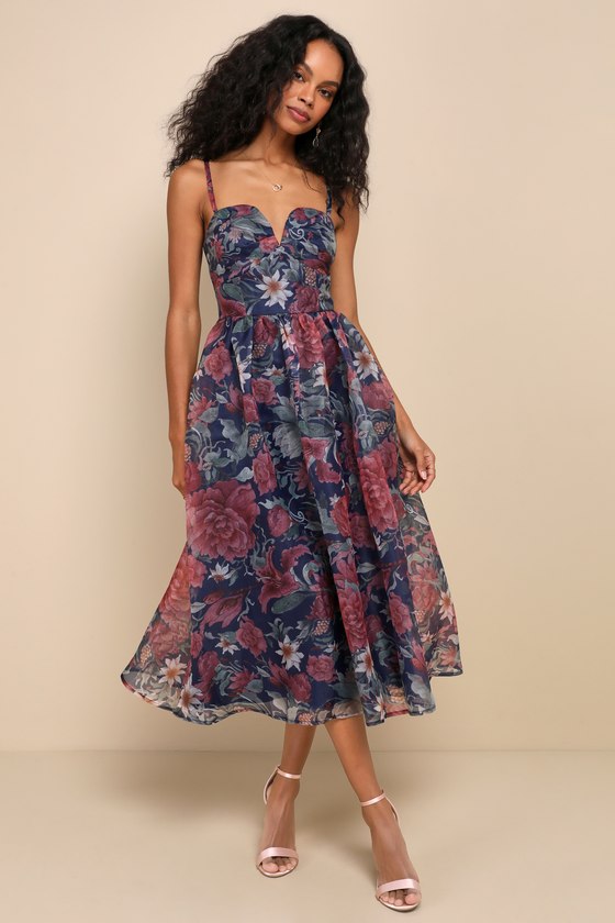 Cherished Aura Navy Blue Floral Organza Bustier Midi Dress