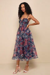 Cherished Aura Navy Blue Floral Organza Bustier Midi Dress