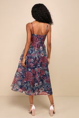 Cherished Aura Navy Blue Floral Organza Bustier Midi Dress
