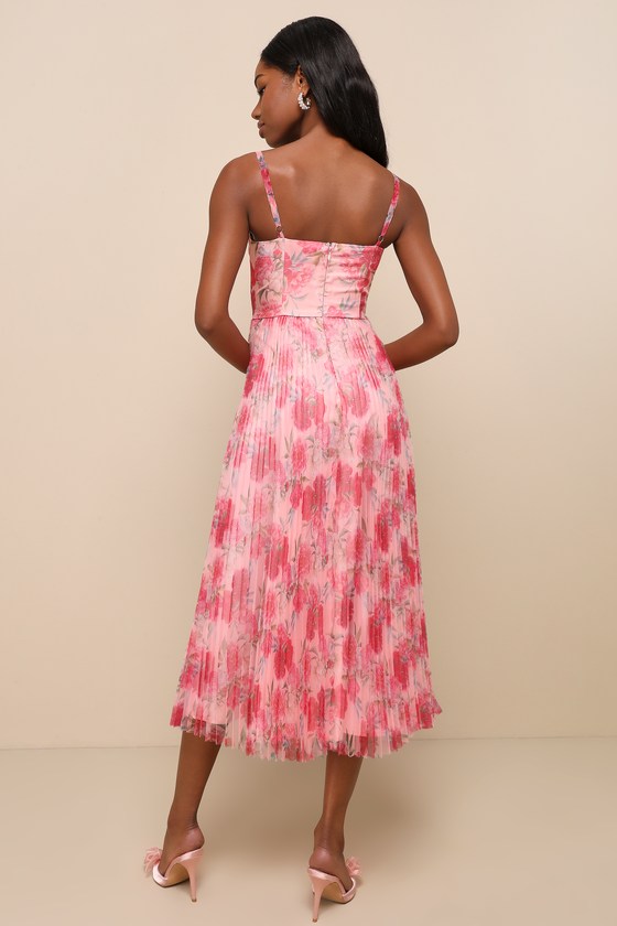 Alluring Invite Light Pink Floral Pleated Bustier Midi Dress