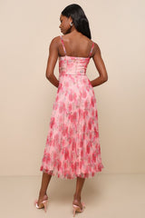 Alluring Invite Light Pink Floral Pleated Bustier Midi Dress