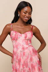 Alluring Invite Light Pink Floral Pleated Bustier Midi Dress