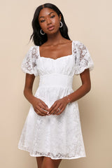 Sweetest Effect White Floral Burnout Puff Sleeve Mini Dress