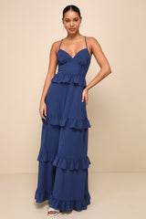 Captivating Class Blue Ruffled Tiered Lace-Up Maxi Dress
