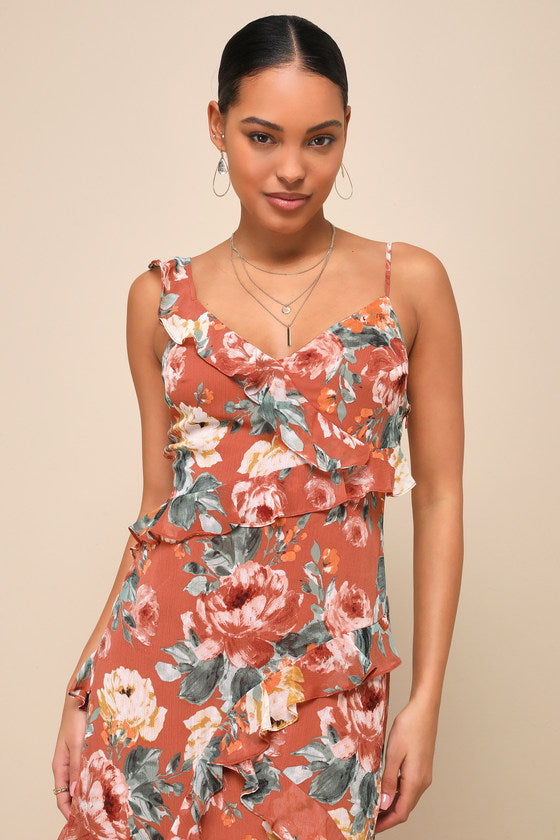 Notable Poise Rust Floral Print Lace-Up Ruffled Maxi Dress