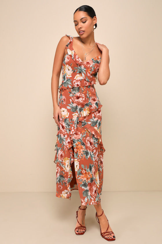 Notable Poise Rust Floral Print Lace-Up Ruffled Maxi Dress