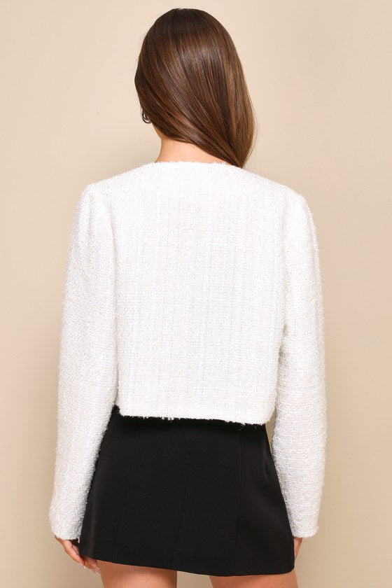 Polished Poise Ivory Tweed Lurex Cropped Jacket