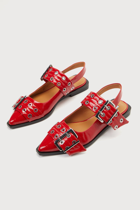 Graya Red Patent Studded Buckle Slingback Flats