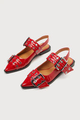 Graya Red Patent Studded Buckle Slingback Flats