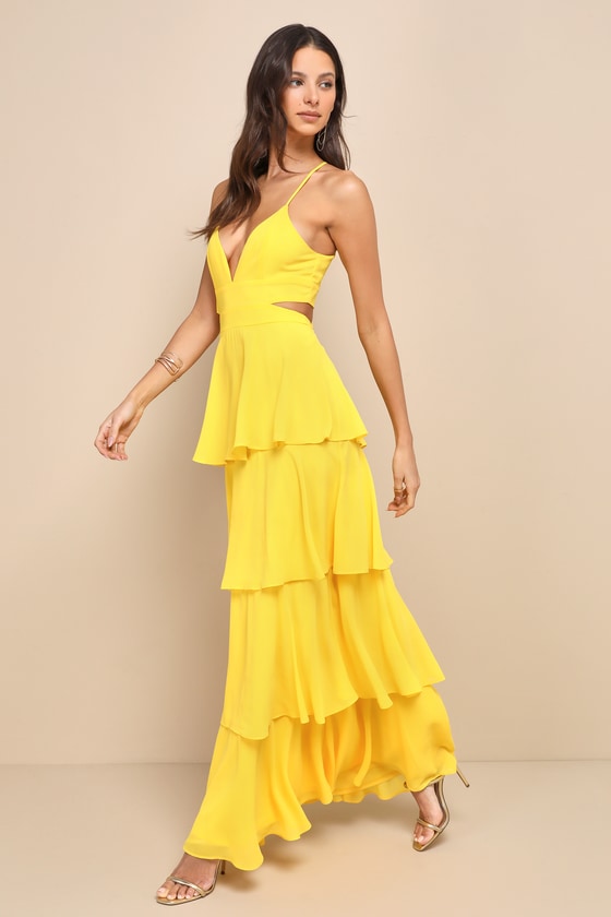 Tier and Now Yellow Tie-Back Tiered Maxi Dress