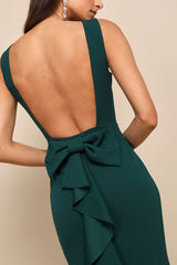 Exquisite Refinement Emerald Backless Bow Ruffled Maxi Dress
