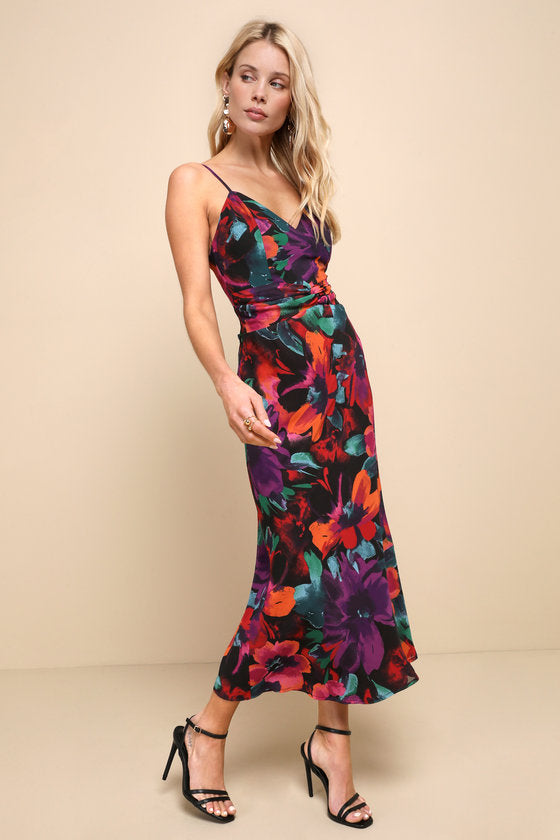 Beautiful Entrance Multi Floral Twist-Front Midi Dress