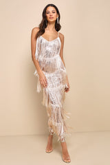 Get in the Groove Champagne Sequin Fringe Bodycon Maxi Dress