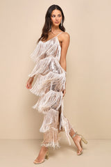 Get in the Groove Champagne Sequin Fringe Bodycon Maxi Dress