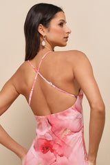 Bright Charm Pink Abstract Print Chiffon Slip Midi Dress