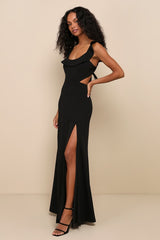 Captivating Charisma Black Ruffled Cutout Tie-Back Maxi Dress