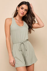 Laid-Back Luck Sage Green Ribbed Knit Drawstring Lounge Romper