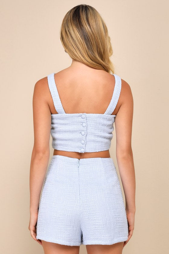 Elevated Attitude Blue Tweed Sleeveless Two-Piece Skort Romper