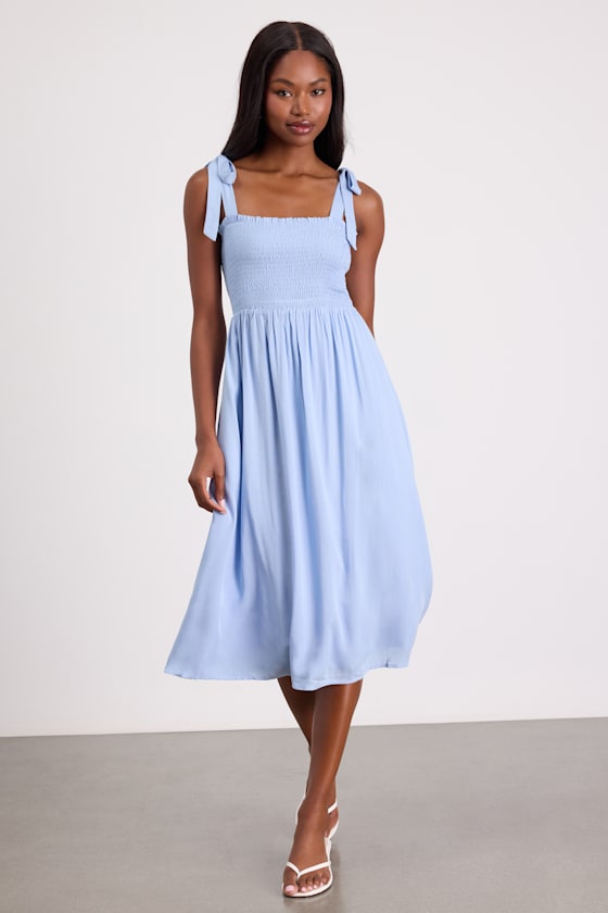 Looking Up Light Blue Smocked Tie-Strap Midi Dress