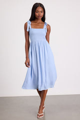 Looking Up Light Blue Smocked Tie-Strap Midi Dress