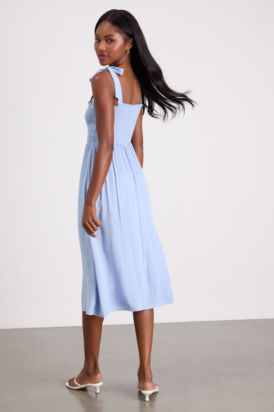 Looking Up Light Blue Smocked Tie-Strap Midi Dress
