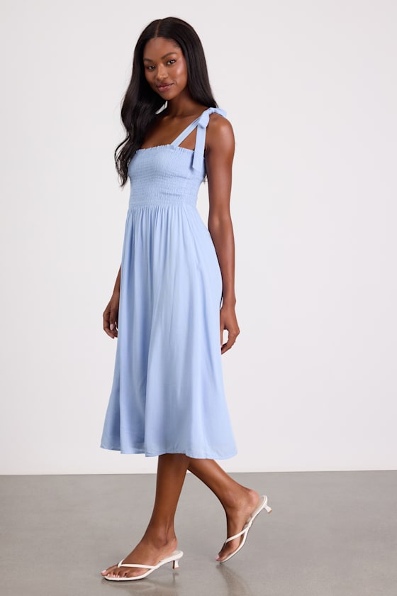 Looking Up Light Blue Smocked Tie-Strap Midi Dress