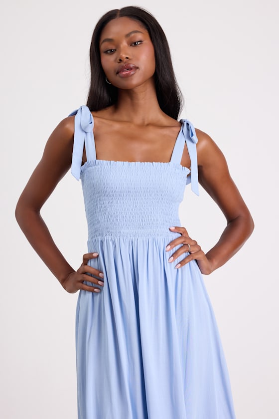 Looking Up Light Blue Smocked Tie-Strap Midi Dress