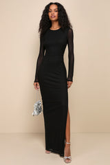 Pristine Poise Black Mesh Cutout Long Sleeve Maxi Dress