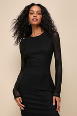 Pristine Poise Black Mesh Cutout Long Sleeve Maxi Dress