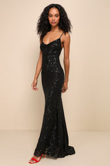 Mesmerizing Demeanor Black Sequin Backless Mermaid Maxi Dress