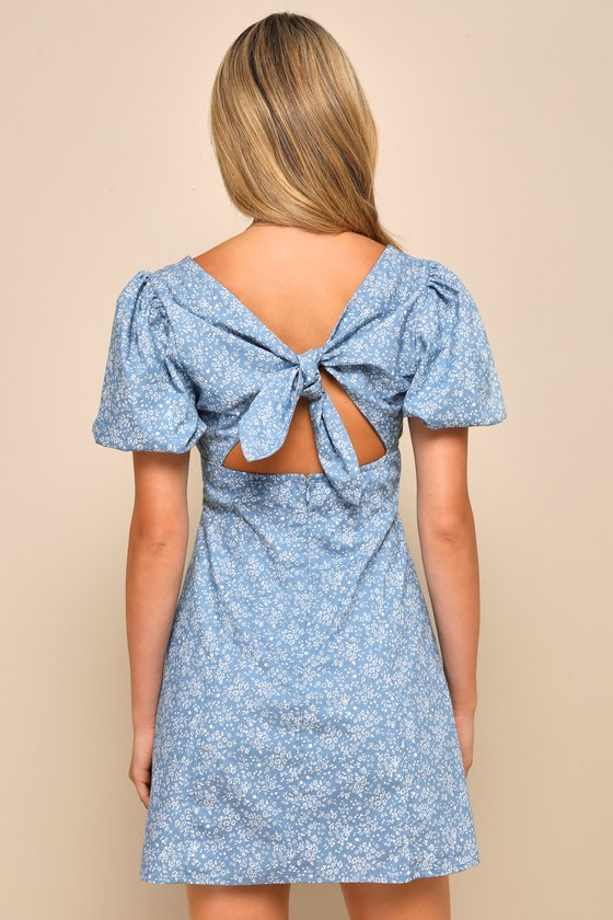 Flawless Darling Blue Floral Chambray Tie-Back Mini Dress
