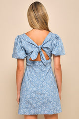 Flawless Darling Blue Floral Chambray Tie-Back Mini Dress