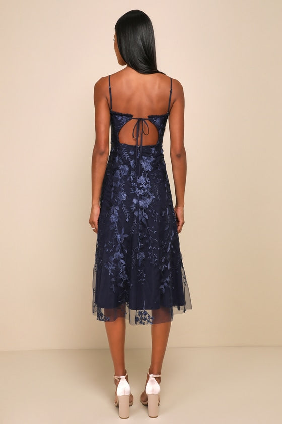 Charmingly Sophisticated Navy Blue Tulle Embroidered Midi Dress