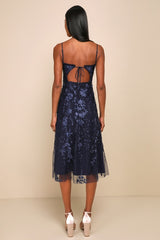 Charmingly Sophisticated Navy Blue Tulle Embroidered Midi Dress