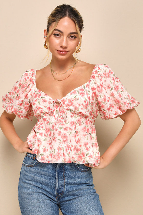 Sunny Match Pink Floral Print Puff Sleeve Top