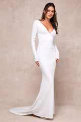 Extravagant Love White Backless Long Sleeve Ruched Maxi Dress